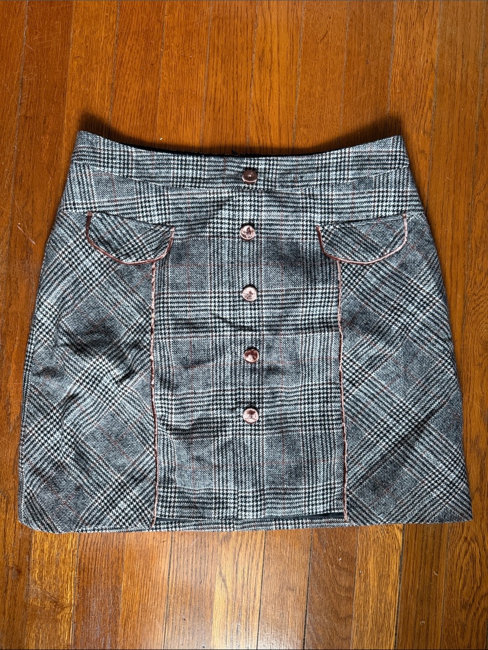 Plaid Button-Front Mini Skirt with brown Stitching